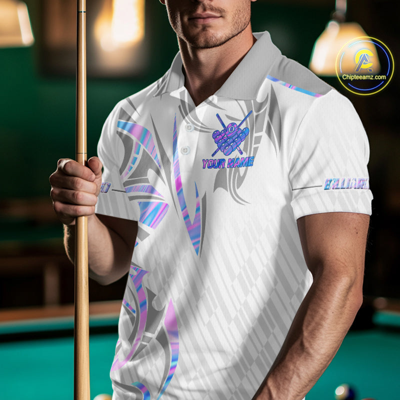 Custom Holographic 8 Ball Crown Billiard Shirts For Men, Pool Team Jersey Polo & 1/4 Zip |White TDM6195