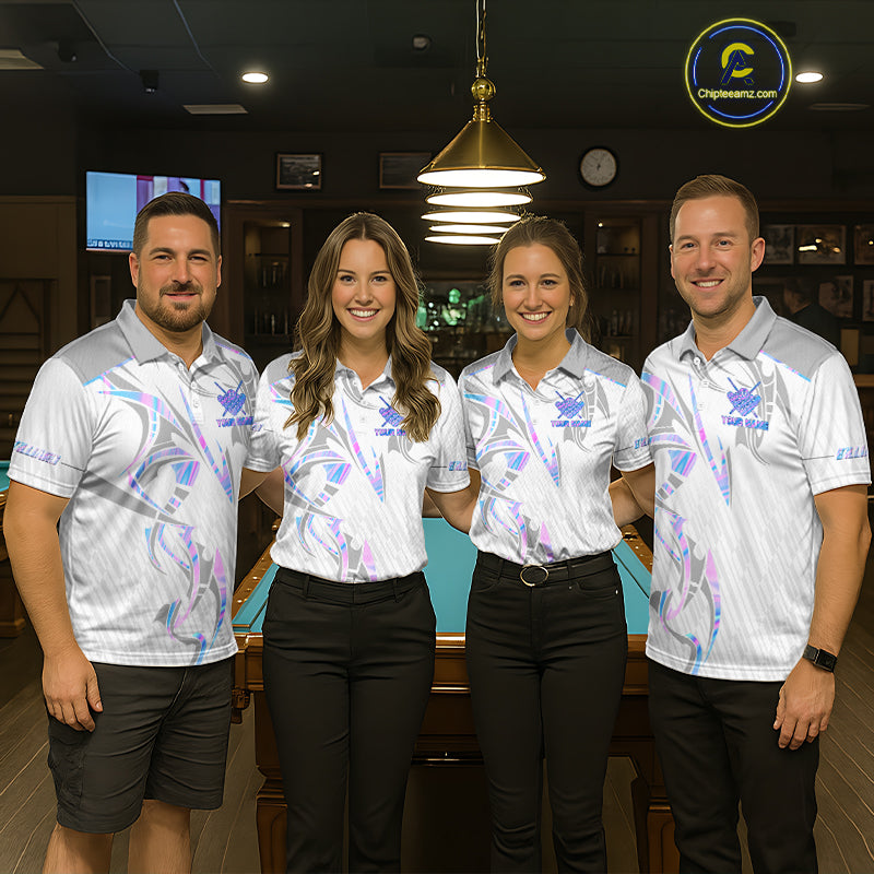 Custom Holographic 8 Ball Crown Billiard Shirts For Men, Pool Team Jersey Polo & 1/4 Zip |White TDM6195