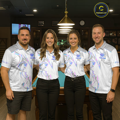 Custom Holographic 8 Ball Crown Billiard Shirts For Men, Pool Team Jersey Polo & 1/4 Zip |White TDM6195