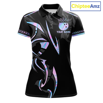 Custom Holographic Crown Bowling Ball Polo & Quarter Zip Shirt For Women, Bowling Team Jersey |Black TDM6196