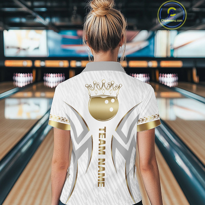 Custom Gold Bowling Ball Crown Bowling Shirt For Women, Bowling Team Jersey Polo & 1/4 Zip |White TDM6197
