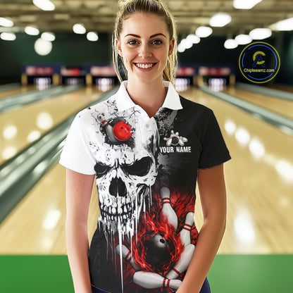 Personalized Red Grunge Skull Bowling Shirt For Women, Bowling League Team Jersey Polo & 1/4 Zip TDM6418