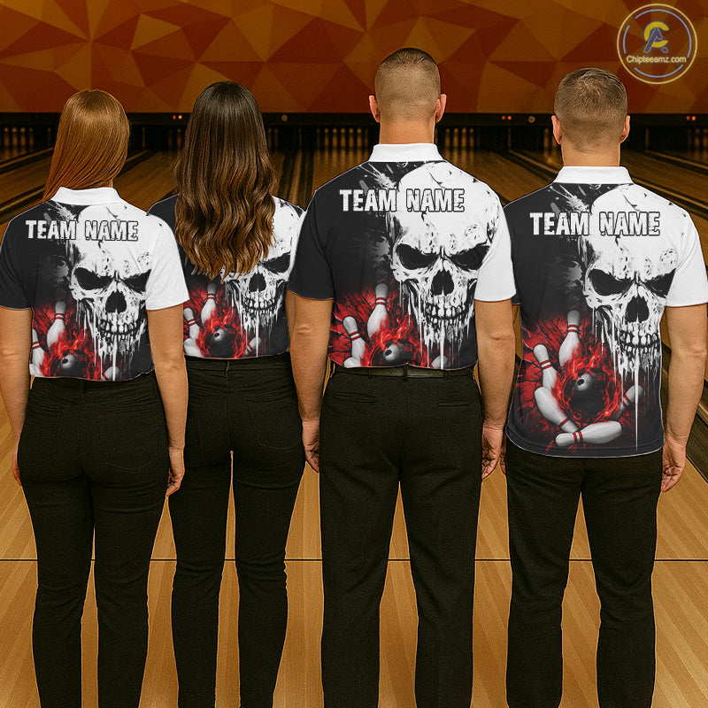 Personalized Red Grunge Skull Bowling Shirt For Women, Bowling League Team Jersey Polo & 1/4 Zip TDM6418
