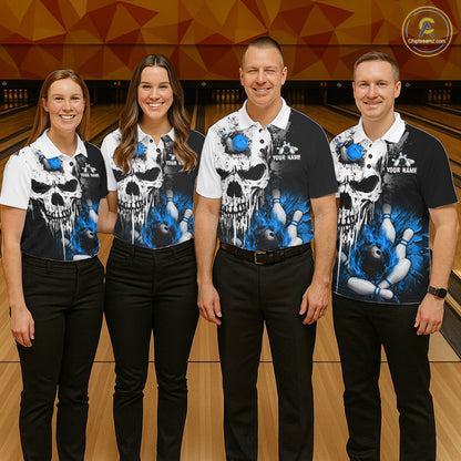 Personalized Blue Grunge Skull Bowling Shirt For Women, Bowling League Team Jersey Polo & 1/4 Zip TDM6419