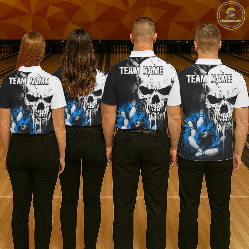 Personalized Blue Grunge Skull Bowling Shirt For Women, Bowling League Team Jersey Polo & 1/4 Zip TDM6419