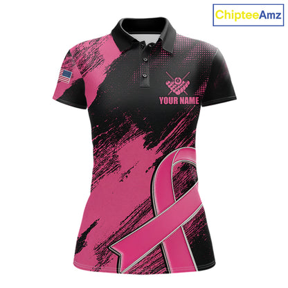 Personalized Pink Ribbon 8 Ball Breast Cancer Awareness Billiard Polo Shirt Featuring Inspirational Pink Ribbon Artwork for Pool League Players, Team Competition, and Awareness Events