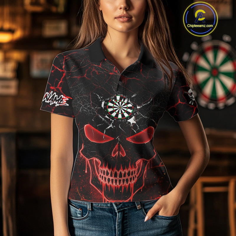 Personalized Skull Cracks Pattern Red Darts Shirt For Women Custom Dart League Jersey Polo & 1/4 Zip TDM5104