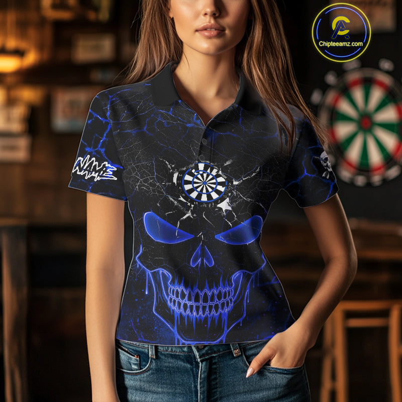 Personalized Skull Cracks Pattern Blue Darts Shirt For Women, Darts League Jersey Polo & 1/4 Zip TDM5105