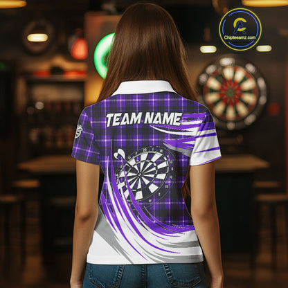Personalized Purple Dartboard Plaid Womens Darts Shirt Custom Darts Jersey Team Polo & 1/4 Zip TDM5327