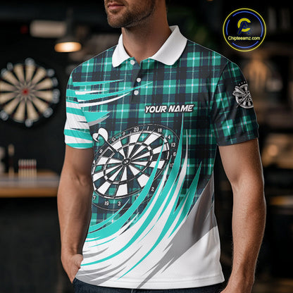Personalized Turquoise Dartboard Plaid Mens Darts Shirt Custom Darts Jersey Team Polo & 1/4 Zip TDM5328