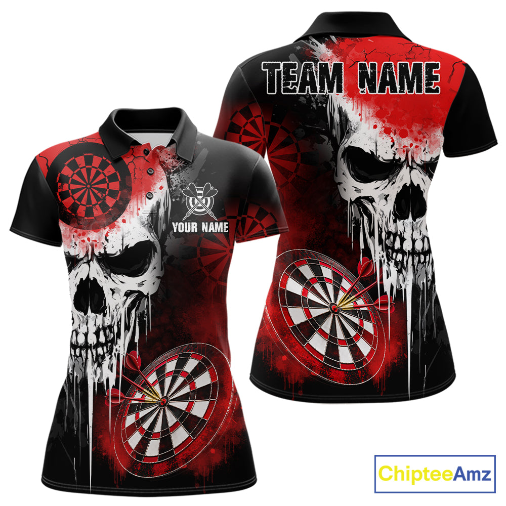 Personalized Red Grunge Skull Darts Shirt For Women Custom Darts Jersey Team Polo & Quarter Zip TDM6430