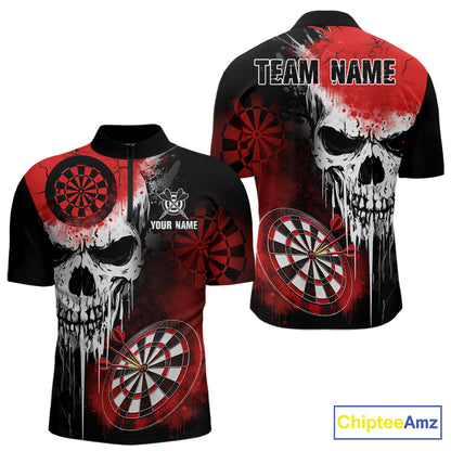 Personalized Red Grunge Skull Darts Shirt For Men Custom Darts Jersey Team Polo & Quarter Zip TDM6430