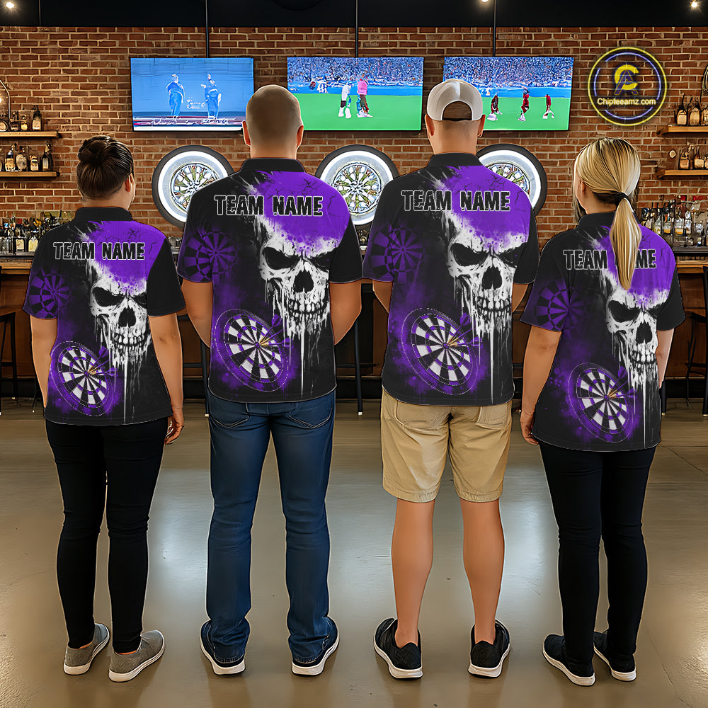 Personalized Purple Grunge Skull Darts Shirt For Women Custom Darts Jersey Team Polo & 1/4 Zip TDM6431