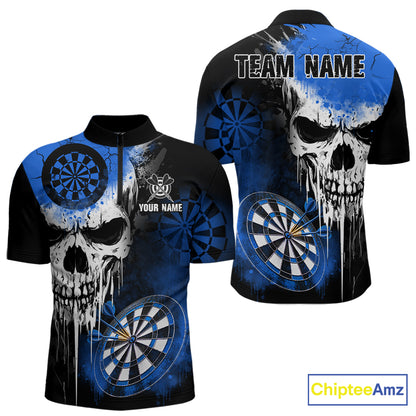 Personalized Blue Grunge Skull Darts Shirt For Men Custom Darts Jersey Team Polo & 1/4 Zip TDM6432