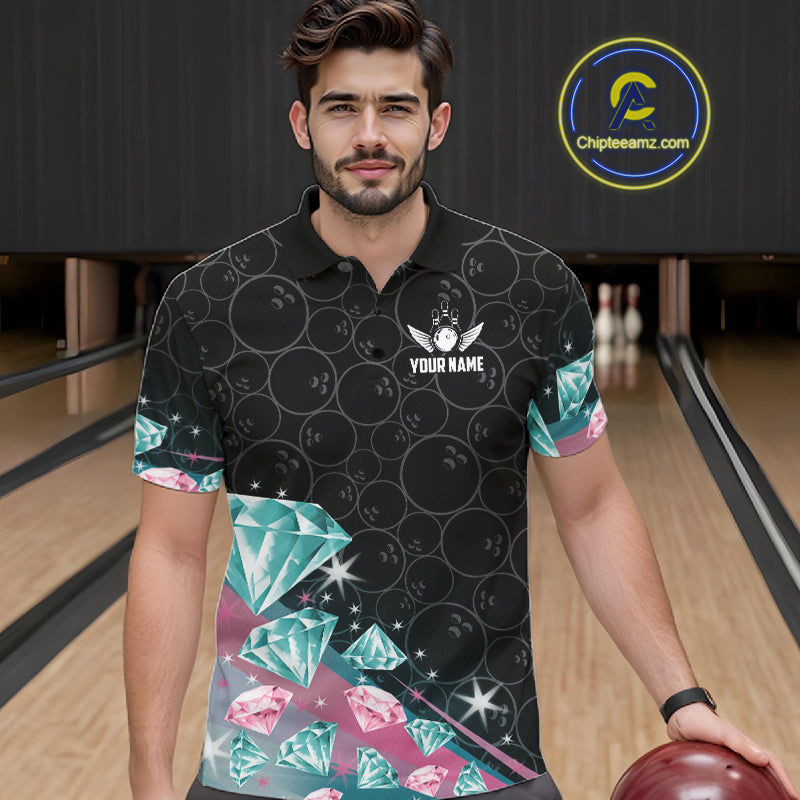 Man wearing a pink and turquoise diamond bowling polo shirt in a bowling alley, featuring customizable player name and team name text.