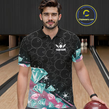 Load image into Gallery viewer, Man wearing a pink and turquoise diamond bowling polo shirt in a bowling alley, featuring customizable player name and team name text.