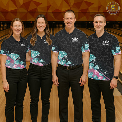 Funny Pink And Turquoise Diamonds Bowling Shirt For Women, Custom Bowling Team Jersey Polo & 1/4 Zip TDM6627