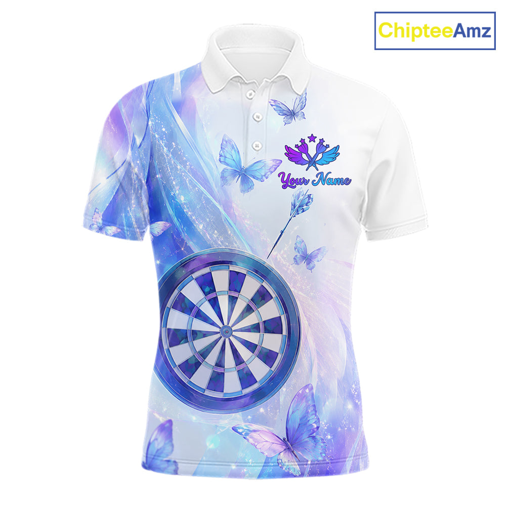 Polo shirt with butterfly and dart design on a pastel background, featuring customizable "Your Name" and "Team Name" 