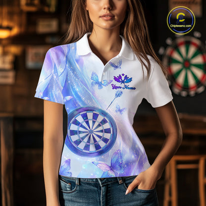 Woman wearing a white polo shirt with a colorful design of butterflies and a dartboard, with 'Your Name' text.