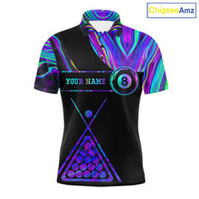 Load image into Gallery viewer, Neon purple blue 8 ball tie dye custom billiard polo shirt for men, pool team jersey and tournament apparel.