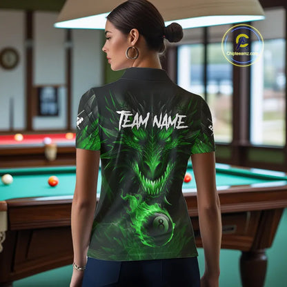 Personalized Dragon 8 Ball Fire Flame 3D Billiard Shirt For Women, Billiard League Team Jersey|Green TDM5594