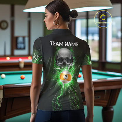 Green 8 & 9 Ball Skull Billiard Shirt For Women Custom Glass Break Pool Team Jersey Polo & 1/4 Zip TDM5972