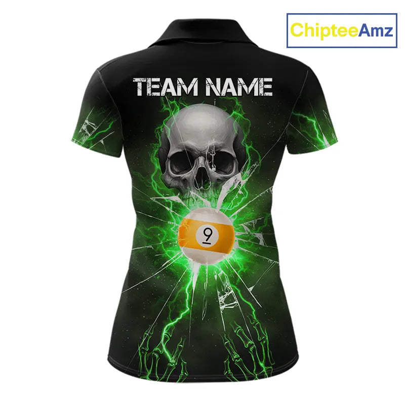 Green 8 & 9 Ball Skull Billiard Shirt For Women Custom Glass Break Pool Team Jersey Polo & 1/4 Zip TDM5972