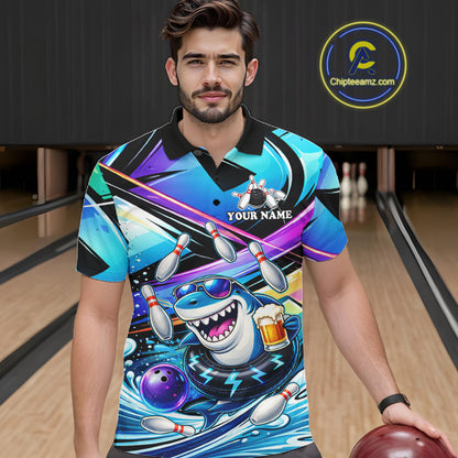 Blue Funny Shark Graffiti Bowling Shirts For Men, Best Bowling Team Jersey Polo & Quarter Zip TDM6209