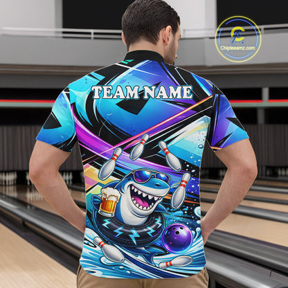 Blue Funny Shark Graffiti Bowling Shirts For Men, Best Bowling Team Jersey Polo & Quarter Zip TDM6209