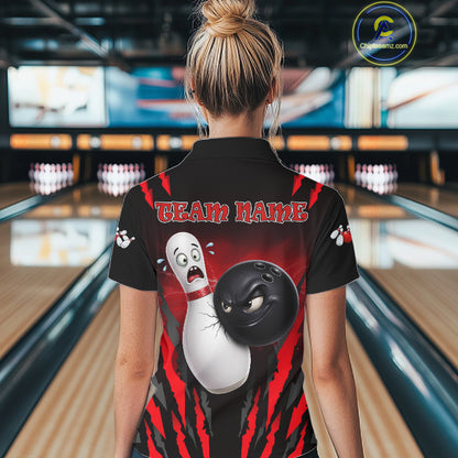 Funny Bowling Ball Custom Black And Red Bowling Shirt For Women, Bowling Team Jersey Polo & 1/4 Zip TDM6210