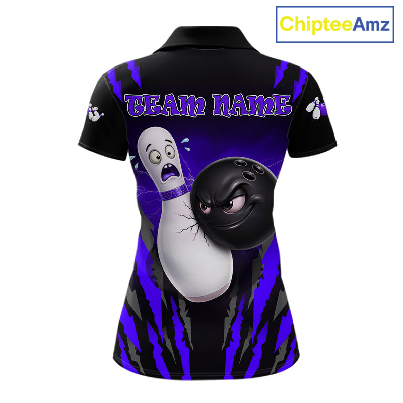 Funny Bowling Ball Custom Black And Purple Women's Bowling Shirt, Bowling Team Jersey Polo & 1/4 Zip TDM6212