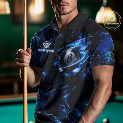 Man wearing a blue thunder lightning billiard jersey beside a pool table front view.