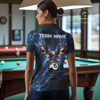 Back view of woman wearing a blue thunder lightning pool team shirt in a billiards hall.