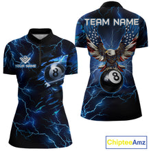 Load image into Gallery viewer, Women’s blue thunder lightning billiard quarter zip shirt designed for tournaments and team play.