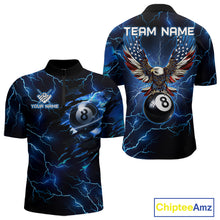 Load image into Gallery viewer, Men’s blue thunder lightning billiard quarter zip shirt designed for tournaments and team play.