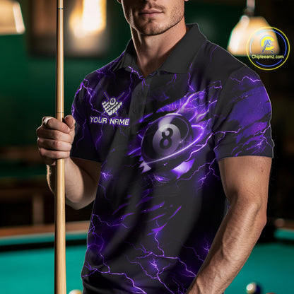 Man wearing a purple thunder lightning billiard jersey beside a pool table front view.