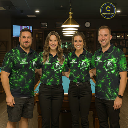 Pool team wearing matching green thunder billiard jerseys during tournament play front view.
