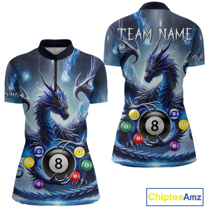 Women’s blue flame smoke eagle skull billiard quarter zip shirt for pool tournament players.