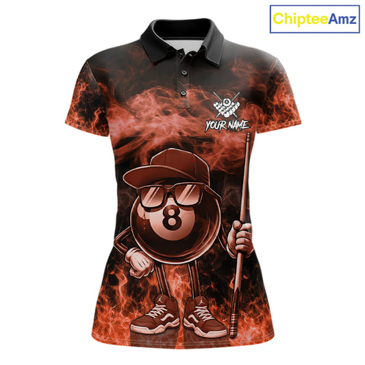 Orange funny 8 ball flame smoke billiard polo shirt for women, custom billiard team jersey uniform.