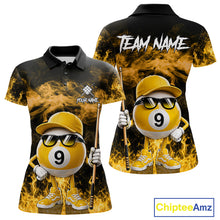 Load image into Gallery viewer, Yellow 9 ball flame smoke custom billiard polo shirt for women with bold fire graphics.