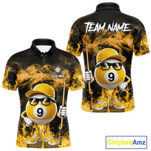 Load image into Gallery viewer, Yellow 9 ball flame smoke custom billiard polo shirt for men with bold fire graphics.