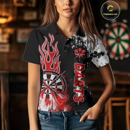 Personalized Red Grunge Womens Dart Shirts Custom Dart Jerseys Team Polo & 1/4 Zip, Darts Uniform TDM5121