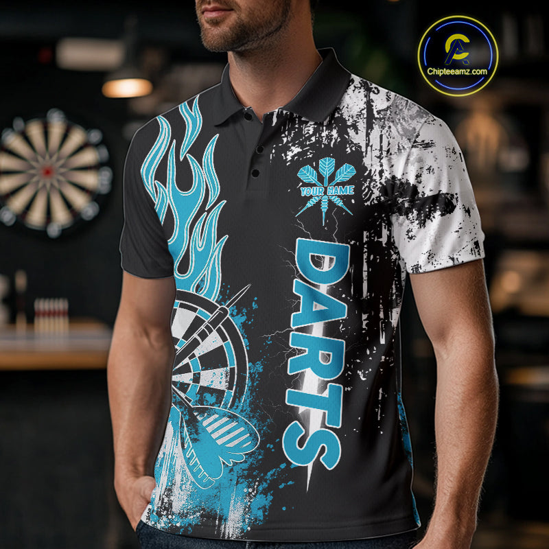 Personalized Blue Grunge Mens Dart Shirts Custom Dart Jerseys Team Polo & 1/4 Zip, Darts Uniform TDM5122