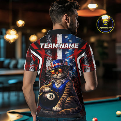 Funny Cat 8 Ball Billiard Shirt For Men Custom Vintage US Flag Pool Team Jersey Polo & 1/4 Zip TDM5983