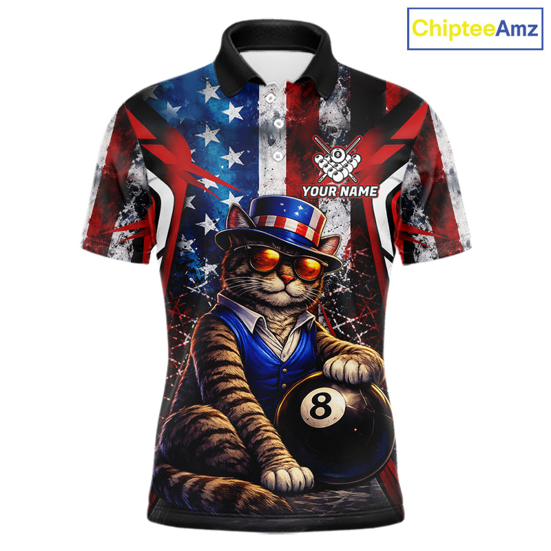 Funny Cat 8 Ball Billiard Shirt For Men Custom Vintage US Flag Pool Team Jersey Polo & 1/4 Zip TDM5983