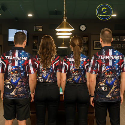 Funny Cat 8 Ball Billiard Shirt For Women Custom Vintage US Flag Pool Team Jersey Polo & 1/4 Zip TDM5983