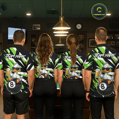 Custom Green Funny Duck 8 Ball Pool Billiard Shirt For Men, Billiard Team Jersey Polo & 1/4 Zip TDM6451