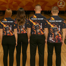 Load image into Gallery viewer, Bowling team wearing matching funny raccoon flame jerseys back view.