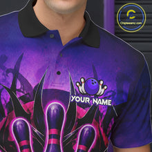Load image into Gallery viewer, Close up of purple neon monster bowling polo shirt collar, buttons and chest design.