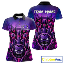 Load image into Gallery viewer, Purple neon monster bowling team polo shirt for women with glowing monster artwork.